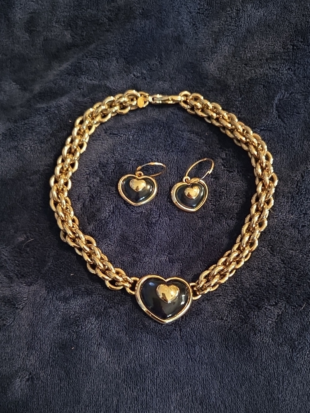 Gold Heart Pendant Necklace and Earrings Set with Black Enamel